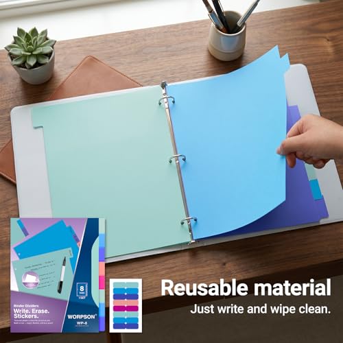 8 Tabs Durable Plastic Write & Erase Large Tabs Dividers for 3 Ring Binders, Rectangle Binder Dividers with Sticker for Study, Teacher, Office, Home Organizers (Multi A, 3 Set (24 Tab))