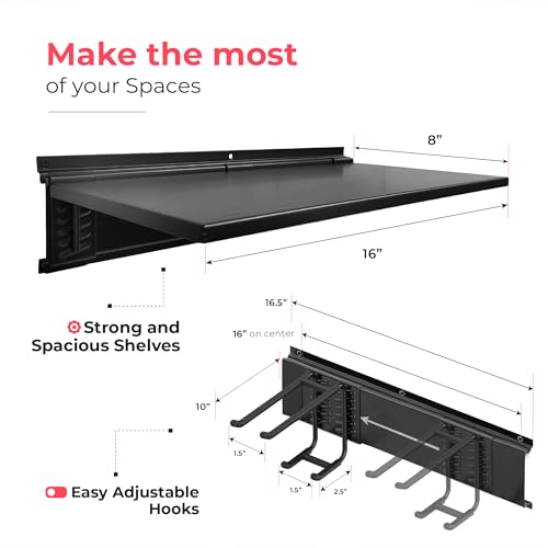 TIDYME Garage Tool Organizer Wall Mount 64", 2 Shelves & 4 Double Hooks - size: 64"