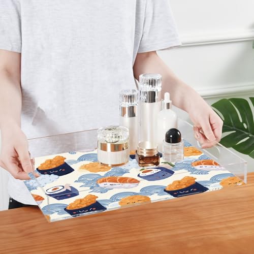 Acrylic Tray Clear Serving Vanity Ottoman Bathroom Coffee Table Countertop Organizer Raised Edge Spill Proof Cute Sushi and Blue Waves - color: Cute Sushi and Blue Waves
