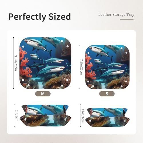 Small Leather Storage Tray Exquisite Submarine Shark Coral Pattern for Small Items Multifunctional Foldable and Durable - size: Small