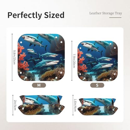 Small Leather Storage Tray Exquisite Submarine Shark Coral Pattern for Small Items Multifunctional Foldable and Durable - size: Small