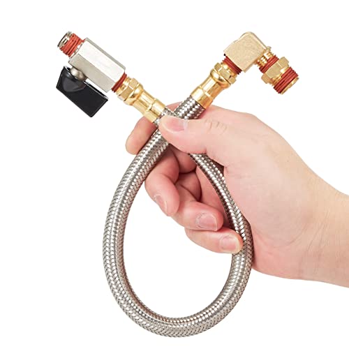 Extended Tank Drain Valve Assembly Kit Flexible Braided Steel Tube 15 inch 1/4 Inch NPT Pipe Fitting for Air Compressor - size: 15 Inch