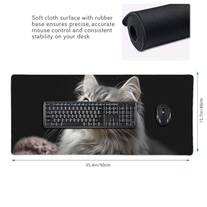 XXL Gaming Mouse Pad 35.4 x 15.7 Inch, Large Extended Desk Mousepad with Cat Design, Water-Resistant Surface & Stitched Edges, Non-Slip Rubber Base Desk Mat for Gaming, Office & Home - color: Cat