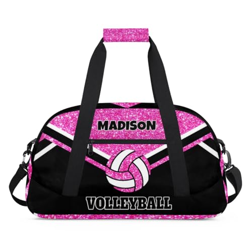 Personalized Volleyball Sports Bag, Bright Pink Glittering with Black | Custom Sport Duffel Bag Large Compartment Cheerleaders Dance Bag Weekender Bags Travel Bag - color: Hot Pink