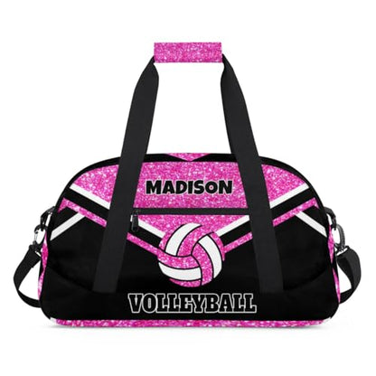 Personalized Volleyball Sports Bag, Bright Pink Glittering with Black | Custom Sport Duffel Bag Large Compartment Cheerleaders Dance Bag Weekender Bags Travel Bag - color: Hot Pink