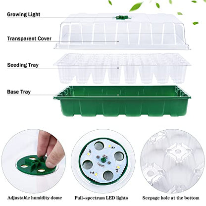 3 Pack Seed Starter Tray Kit with Grow Light Germination Trays with Humidity Dome, 120 Peat Pellets, Gardening Tools, Plant Labels, Plant Growing Trays for Seeds Growing Starting, Green - color: Green