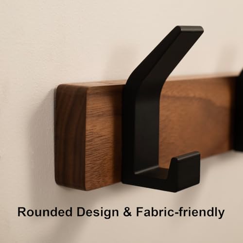 Coat Rack Wall Mount - 15.7 Inches Walnut Wood Coat Hooks Coat Rack Wall Mount with 4 Hooks Black Aluminum Coat Hooks for Hanging Coat Hat Bag Hat Rustproof Coat Hanger - size: 4 Hooks