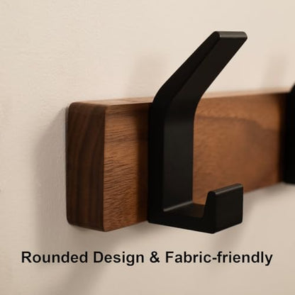 Coat Rack Wall Mount - 15.7 Inches Walnut Wood Coat Hooks Coat Rack Wall Mount with 4 Hooks Black Aluminum Coat Hooks for Hanging Coat Hat Bag Hat Rustproof Coat Hanger - size: 4 Hooks