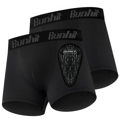 Runhit Boys Baseball Cup Underwear Football Cup Boxer Brief Youth Compression Shorts with Soft Protective Athletic Cup - color: 2pack:black+black, size: Small