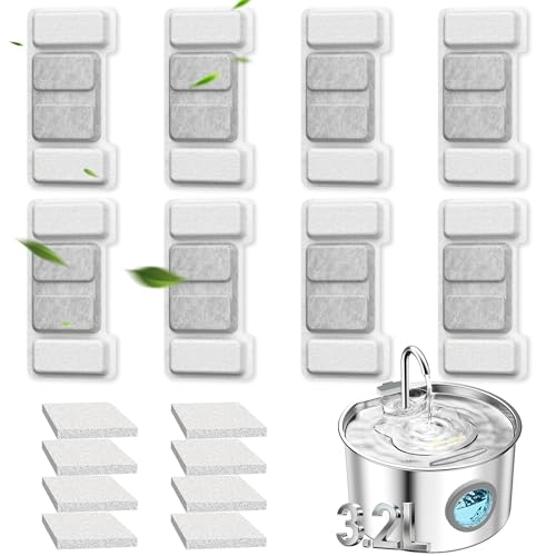 Cat Water Fountain Filter Replacement 16 Packs for UPAWPIA 3.2L Pet Water Foutain 8 Filters & 8 Sponges Water Filter for Cat Fountain