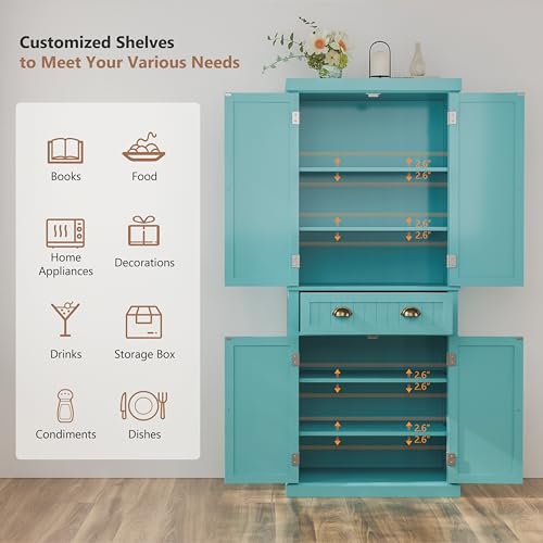 72" Kitchen Pantry,Tall Storage Cabinets with Doors and Shelves,Freestanding Pantry Cabinet for Bathroom,Dining Room and Living Room (Turquoise Blue) - color: Turquoise Blue
