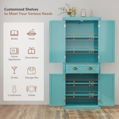 72" Kitchen Pantry,Tall Storage Cabinets with Doors and Shelves,Freestanding Pantry Cabinet for Bathroom,Dining Room and Living Room (Turquoise Blue) - color: Turquoise Blue