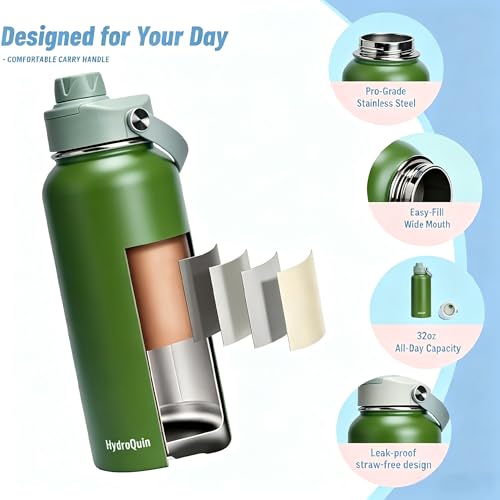 32 oz Insulated Water Bottle Olive Green Stainless Steel Flask - color: Olive Green