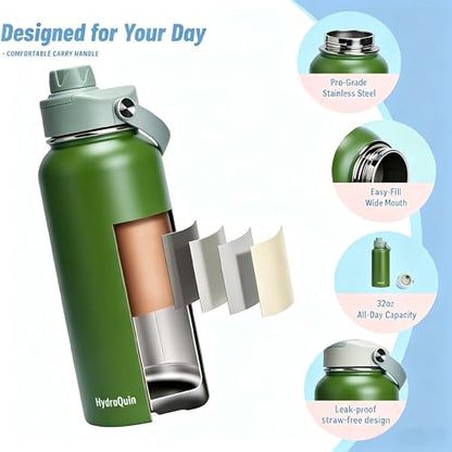 32 oz Insulated Water Bottle Olive Green Stainless Steel Flask - color: Olive Green