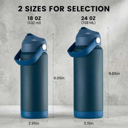 Fijinhom 18 oz Insulated Water Bottle with 2 Lids, Stainless Steel Water Bottles, Double Wall Vacuum, Portable Handle & Non-slip Bottom, BPA Free Leak Proof Metal Bottles, Keep Cold 24H, Dark Blue - color: Dark Blue, size: 18 Ounces