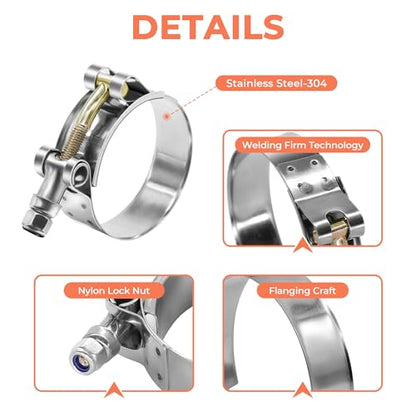 2 Pack 2" T-Bolt Hose Clamps, 304 Stainless Steel Turbo Intake Clamp, Working Range 2.20"-2.52"(56mm-64mm) for 2" I.D. Hose with 5mm Wall Thickness.(Suggest measure hose O.D. before buying)