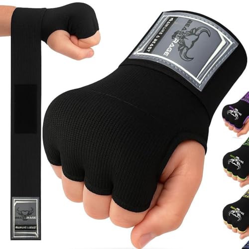 BEAST RAGE Inner Gloves with Hand Wraps Quick Wrap Long 36" Wrist Support MMA Muay Thai Bandages Punching Martial Arts Training Men Women Kickboxing Bandages Under Bag Gloves - color: Black Rage, size: M (Adult)