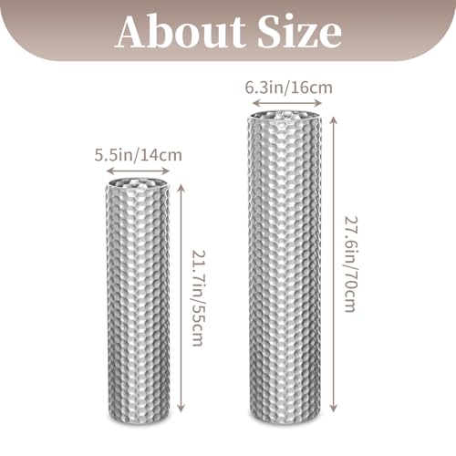 Sziqiqi Silver Tall Floor Vase: 27.6/21.7in Metal Cylinder Vases Extra Large Decorative Vase Set of 2 Living Room Modern Honeycomb Texture Big Standing Decor for Dining Bedroom Home Corner Indoor