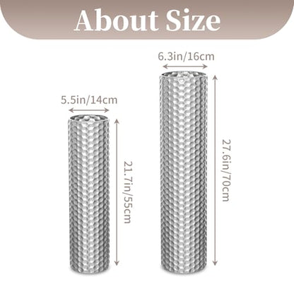 Sziqiqi Silver Tall Floor Vase: 27.6/21.7in Metal Cylinder Vases Extra Large Decorative Vase Set of 2 Living Room Modern Honeycomb Texture Big Standing Decor for Dining Bedroom Home Corner Indoor