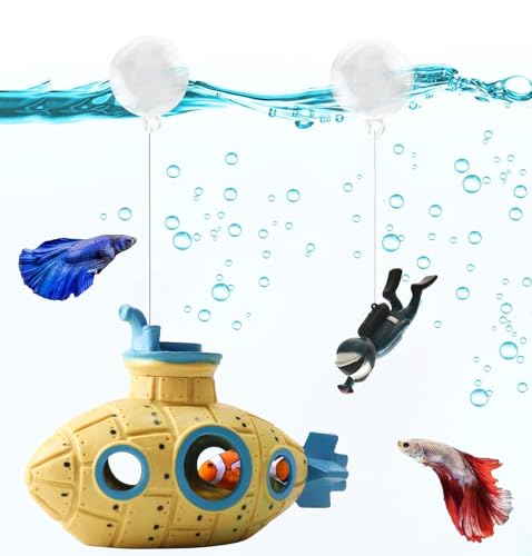 Floating Fish Tank Decoration, LittleCute Retro Submarine AquariumDecoration with Two Float Balls,Resinous Fish Tank Accessorie - color: Yellow Submarine&diver
