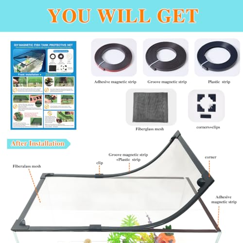 Magnetic Fish Tank Lid Dark Grey Frame Grey Fiberglass Mesh, DIY Aquarium Lid Adjustable Size Fit Tank Size Max 35''x19'' for Preventing Fish from Jumping Out and Reptile Escaping