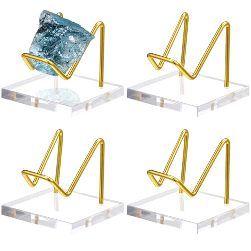 4 Pcs Metal Crystal Display Stand Rock Holder Crystal Display Shelf with Metal Arms Acrylic Pedestal Base for Mineral Gemstone Agate Fossil Coral Geode Jewelry Collectible(Gold,2.5 x 2.5 x 2) - color: Gold, size: 2.5 x 2.5 x 2