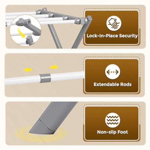 KINGBOARD 3-Tier Extendable Clothes Drying Rack, Foldable, White & Grey | 37.4"H x 33.8"W x 11.2"D, Space-Saving Collapsible, Easy Assembly, Rust-Resistant Iron Frame, Indoor Outdoor Use, 25lb - color: White&grey