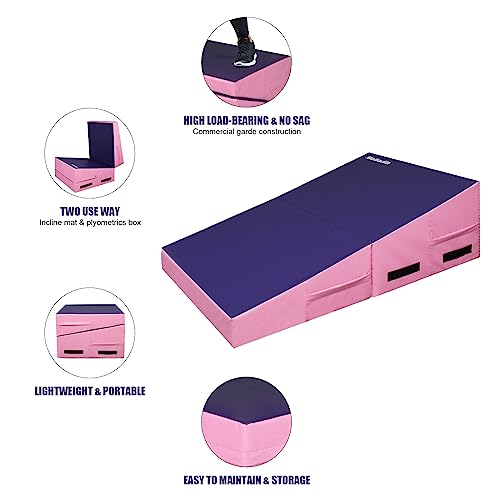 Matladin Incline Gymnastics Wedge Mat, Folding Gymnastics Mat for Kids Girls Home Training Exercise - color: Purple+Pink, size: 47.5 in x 24 in