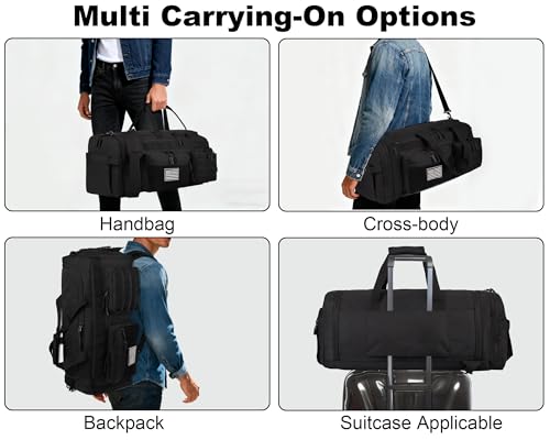 LHI 50L Tactical Duffle Bag for Men, 3-in-1 Gym Duffle and Backpack, Shoe Compartment, Laptop Sleeve and MOLLE, Carry-On Travel Weekender and Overnight Bag – Black - color: Black
