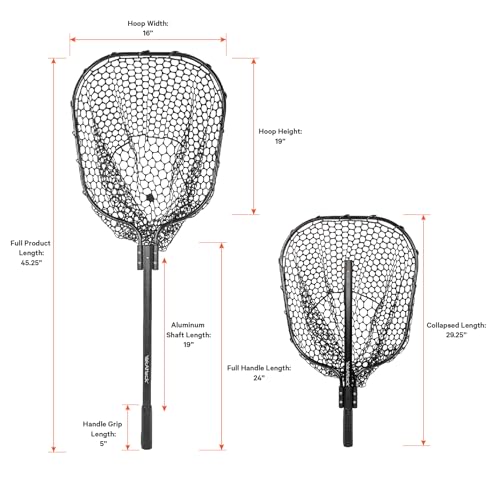 YakAttack 16” x 19” Landing Net with 24” Telescoping Handle & Rubber Netting, Black | Floating Fishing Net for Kayak, Boat & Bank Anglers | Snag-Free Catch and Release Net