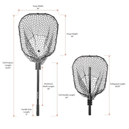 YakAttack 16” x 19” Landing Net with 24” Telescoping Handle & Rubber Netting, Black | Floating Fishing Net for Kayak, Boat & Bank Anglers | Snag-Free Catch and Release Net