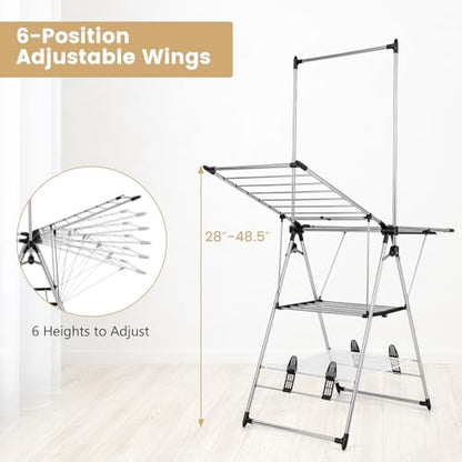 Tangkula 2-Layer Stainless Steel Drying Rack, Foldable Laundry Rack w/ 1 Hanging Bar & 2 Height-Adjustable Wings, 23 Drying Rails, Netting Clothe Drying Rack, No Assembly Required - size: 61.5" x 23.5" x 72"