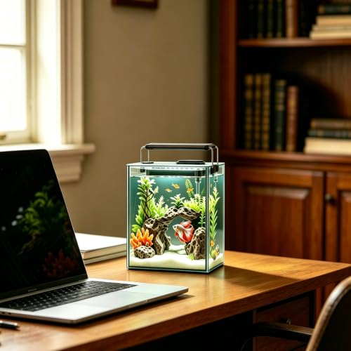 Glass Aquarium Starter Kits 1.5 Gallon Small Fish Tank, Betta Fish Tank for Home Office Deco, with LED Light, Power Filter, 4mm Glass, Black