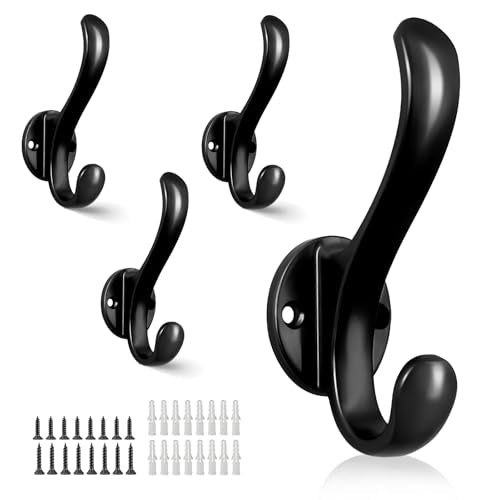 4 Pack Coat Hooks Wall Mount Heavy Duty Utility Retro Double Hooks for Hanging Coats,Hat, Towel, Key, Robe, Scarf, Bag, Cap (Black) - color: 4 Pack-Black