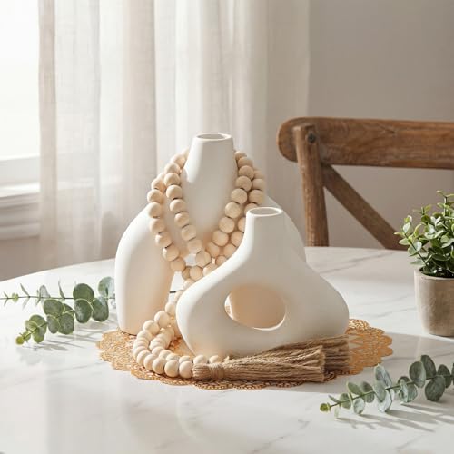 4 Pcs Rustic Country Tabletop Centerpieces Set of 2 Boho Ceramic Flower Vases Wooden Beads Garland and Gold Round Placemats for Farmhouse, Boho Home Coffee Table Decor