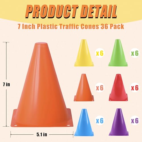 7" Soccer Cones for Training, 36 Pack Sports Agility Field Plastic Small Cones for Kids Skating Basketball Football Practice Drills, 6 Colors