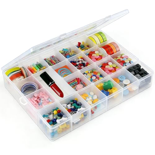 24 Grids Plastic Organizer Box with Removable Dividers Clear Multi Compartment Storage Container Small Crafts Organizer Box for Beads Jewelry Tackles Nail Charm Button Sticker (1Pcs)
