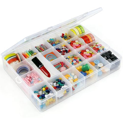 24 Grids Plastic Organizer Box with Removable Dividers Clear Multi Compartment Storage Container Small Crafts Organizer Box for Beads Jewelry Tackles Nail Charm Button Sticker (1Pcs)