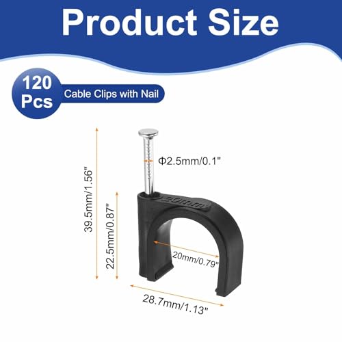 HARFINGTON 120pcs Cable Clips with Nail 20mm ID Circular Single Half Clamp J-Hook with Nail Cord Clips for Wires on Wall for Ethernet Tacks Coax Pex Tubing Pipe Support, Black - size: 20mm ID