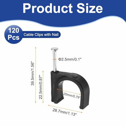 HARFINGTON 120pcs Cable Clips with Nail 20mm ID Circular Single Half Clamp J-Hook with Nail Cord Clips for Wires on Wall for Ethernet Tacks Coax Pex Tubing Pipe Support, Black - size: 20mm ID