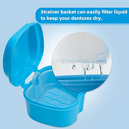 Dental Orthodontic Retainer Case Cleaning with Strainer Basket, Denture Bath Box Soaking Cup Mouthguard Storage Holder - Blue - color: Blue