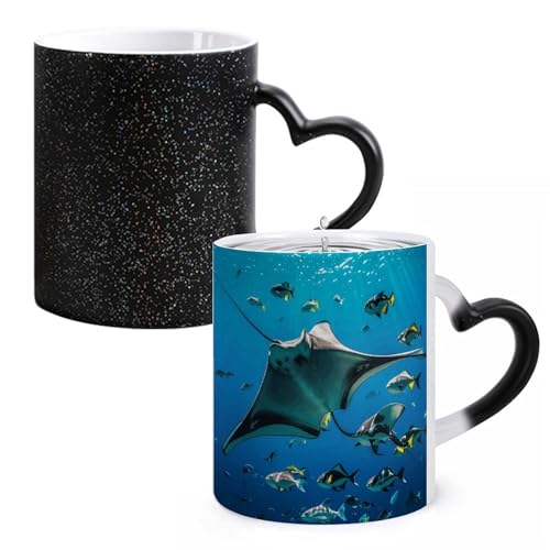 Manta Ray And Fishes Color Changing Mug Heat Sensitive Coffee Mug Magical Ceramic Coffee Cup Personalized Tea Cup Message Appears As It Heats Novelty Gift for Family Friend