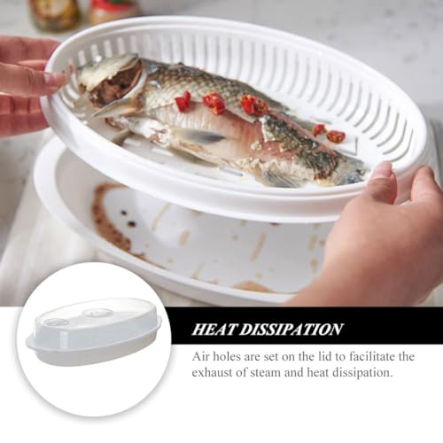 SHINEOFI Microwave Fish Steamer Plate with Lid White Food Steamer for Kitchen Rapid Heat Transfer Steaming Dish Moisture Locking for Healthy Cooking