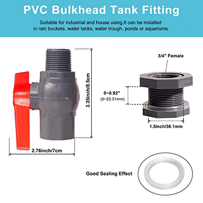 3/4 Inch PVC Rain Barrel Valve Spigot Kit with Ball Valve and Bulkhead Fitting Adapter for Water Tanks, Aquariums, Pools - size: 3/4"+valve