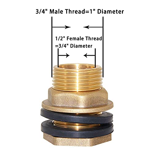 1/2" Female 3/4" Male Soild Brass Water Tank Connector Theaded Bulkhead Fitting With 2 Rubber Rings Stablizing