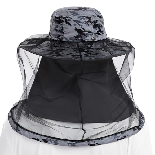 BASSDASH UPF 50+ Mosquito Sun Hat with Hidden Head Net and Neck Flap for Men Women Outdoor Fishing Hiking Camping - color: Storm Camo
