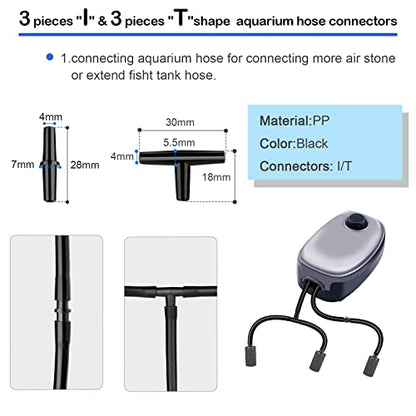 19.68 feet Black Aquarium Airline tubing 6 air Stone for Aquarium 6 Aquarium Check Value for Fish Tank 6 Aquarium Suction Cups 3 Each Aquarium air Controller and I T Hose connectors
