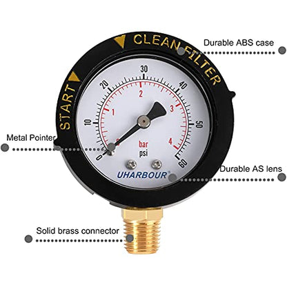 Pool Filter Pressure Gauge 60psi 1/4" NPT Bottom Mount, Pool Pump Pressure Gauge Replacement for Swimming Pool, Spa and Aquarium Valve Filter