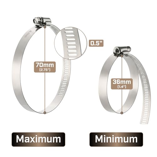 Bates- Hose Clamps, 2.5 Inch, 10 Pack, 304 Stainless Steel, Adjustable from 1.4"-2.75", Metal Worm Gear Hose Clamps for Air Ducting, Dryer Vent Hose, Fuel Line, Plumbing, Automotive