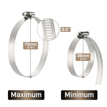 Bates- Hose Clamps, 2.5 Inch, 10 Pack, 304 Stainless Steel, Adjustable from 1.4"-2.75", Metal Worm Gear Hose Clamps for Air Ducting, Dryer Vent Hose, Fuel Line, Plumbing, Automotive